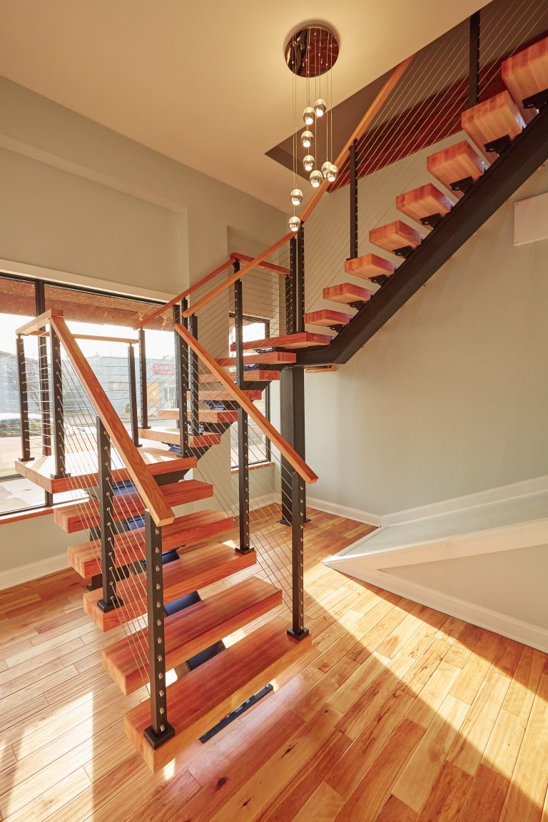 Full Custom Floating Stair Stringer and Cable Railing