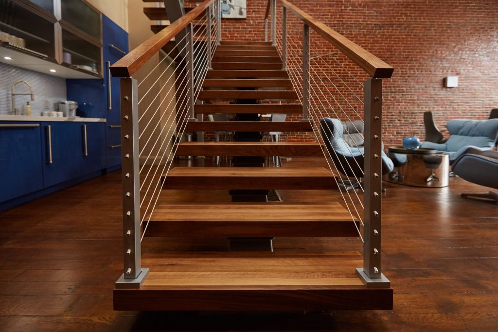 Upward Floating stair view with stainless steel Cable railing