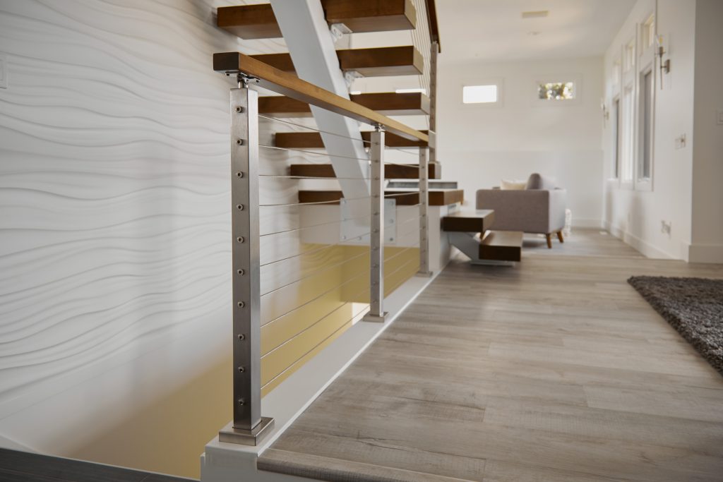 White Floating Stair Stringer and stainless steel cable railing