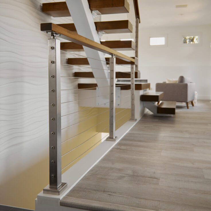 White Floating Stair Stringer and stainless steel cable railing