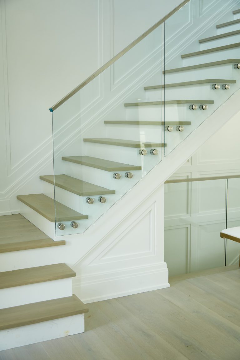 Interior Floating Staircase with Glass railing and standoff pins