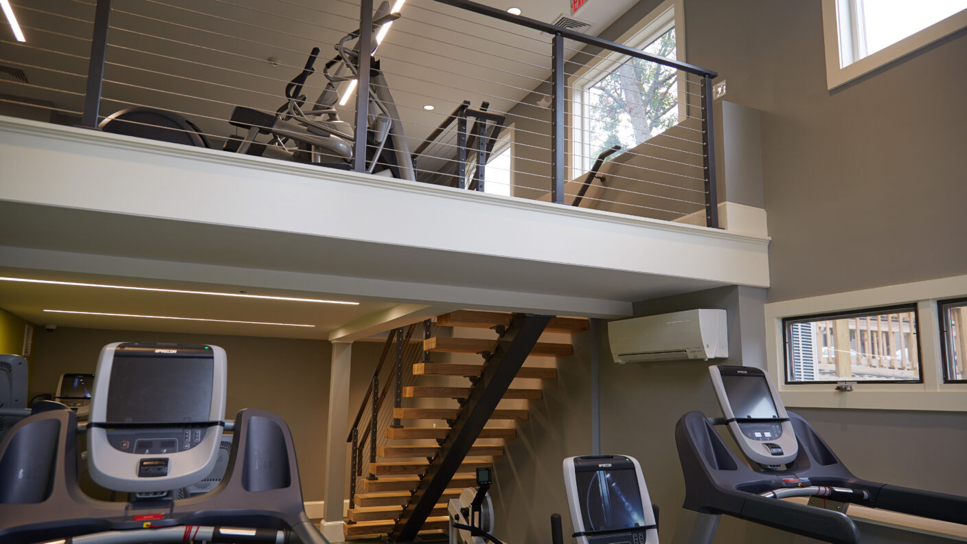 Gym deck with Floating Staircase and cable railing