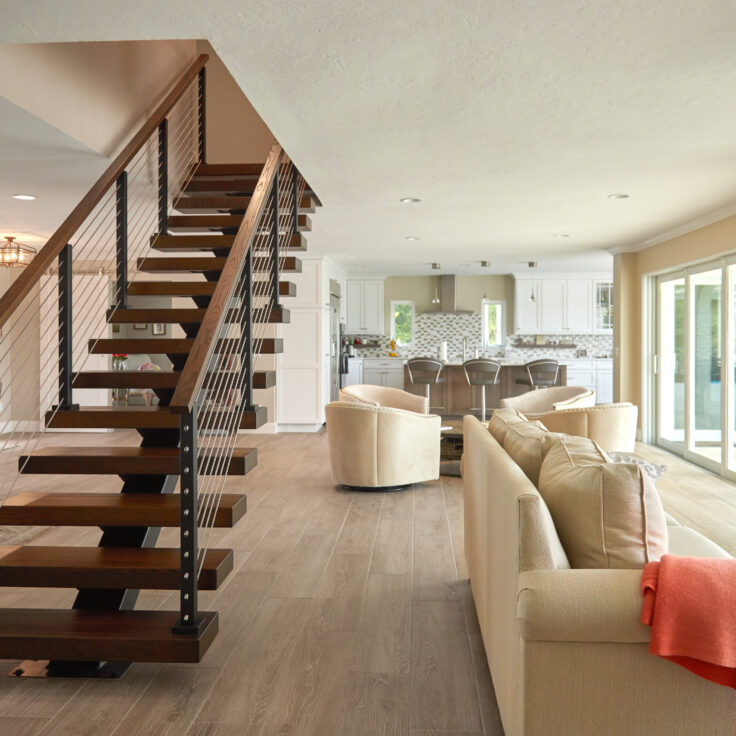 Floating staircase with wooden stair treads