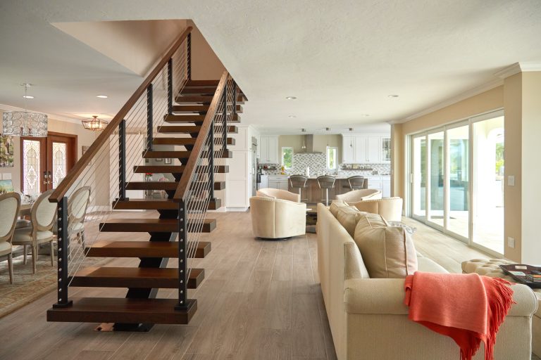 Floating staircase with wooden stair treads