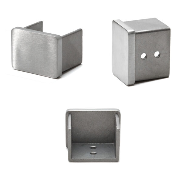 A picture of the Glass-1-1/2" Square Handrail End Plug in three different views. A front view, a side view, and a underside view.