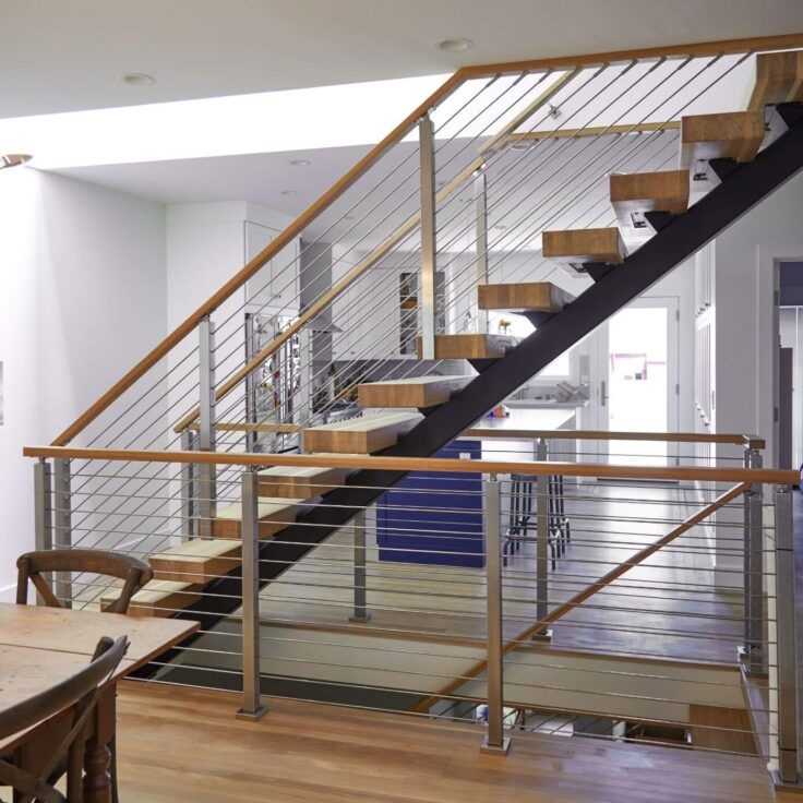 Floating Stairs with Rod Railing and Posts