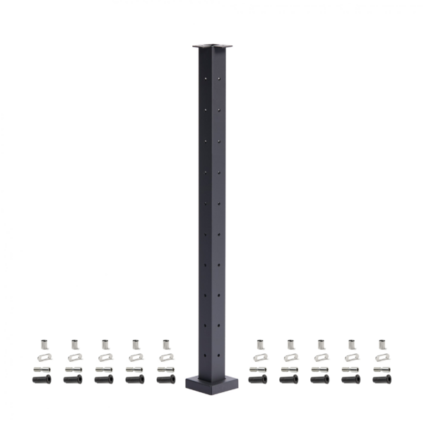 Corner post with black finish and layout of included hardware