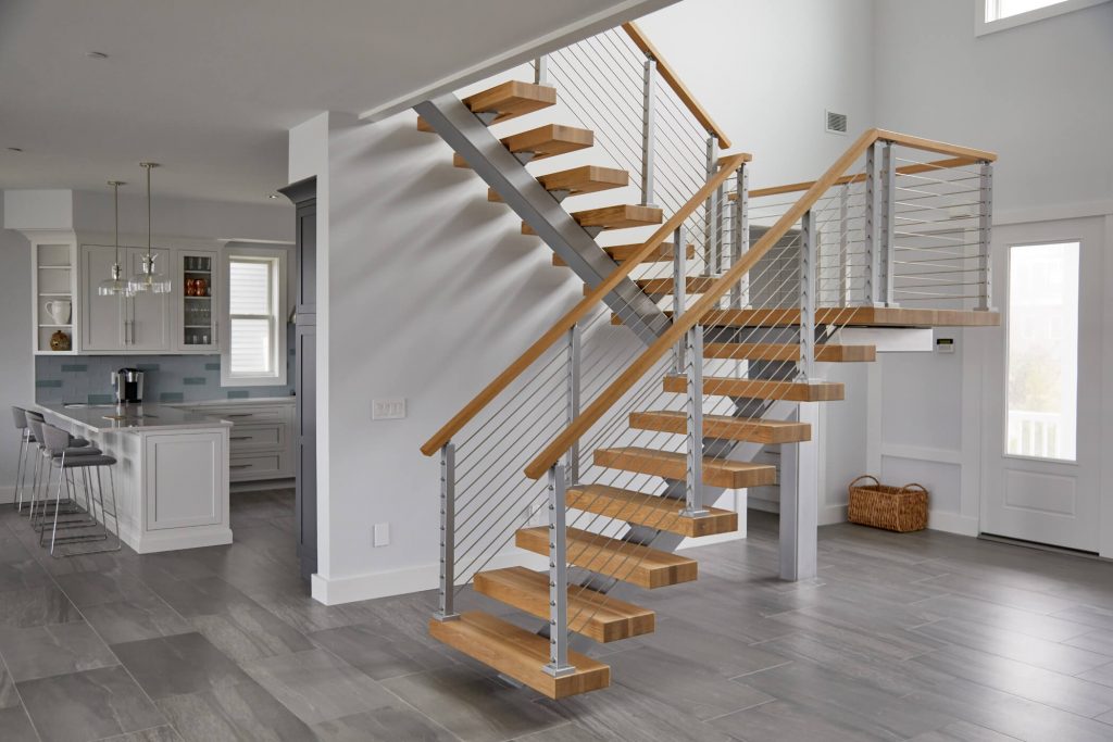 Floating stairs with rod railing
