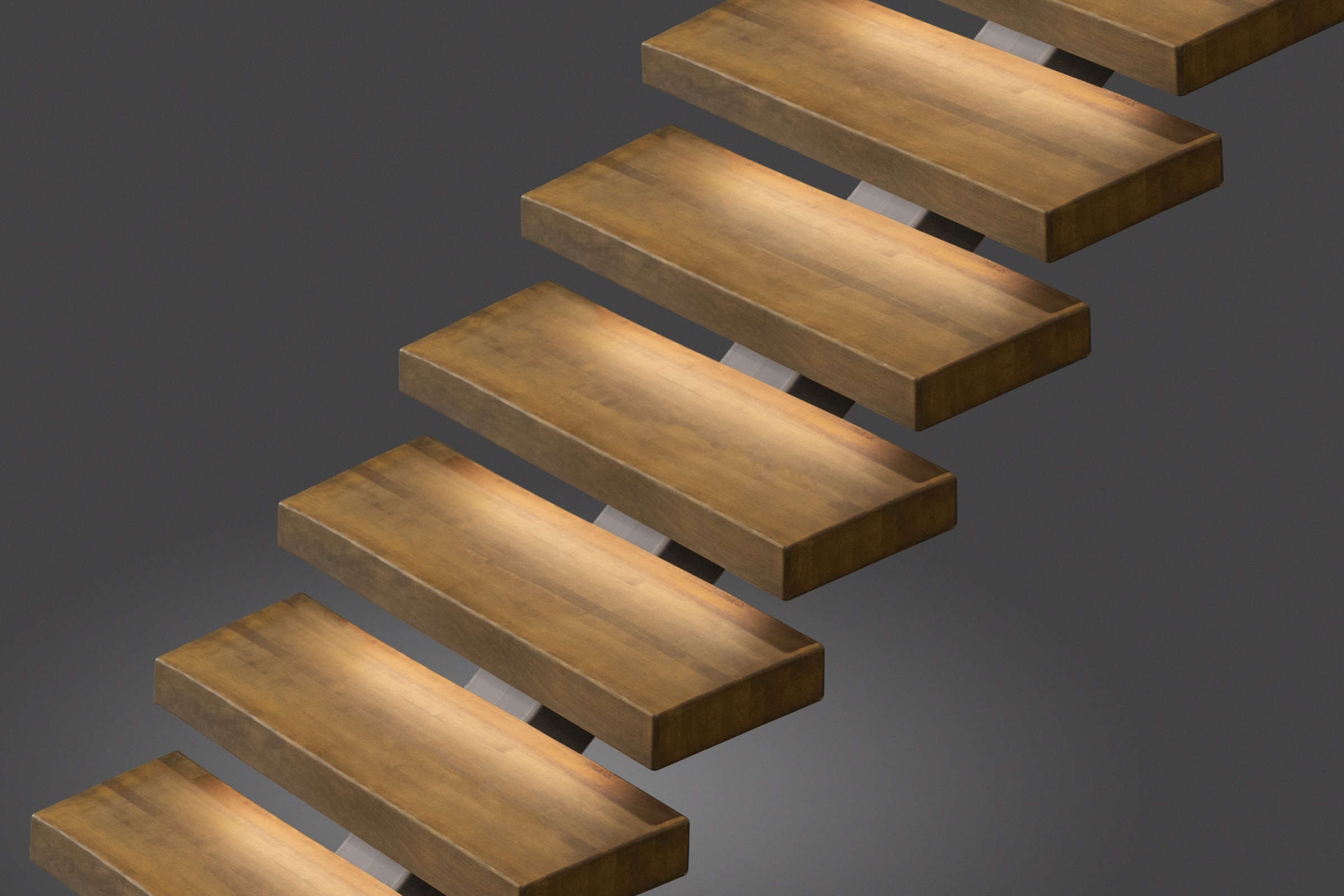 These floating wooden steps are against a grey background.