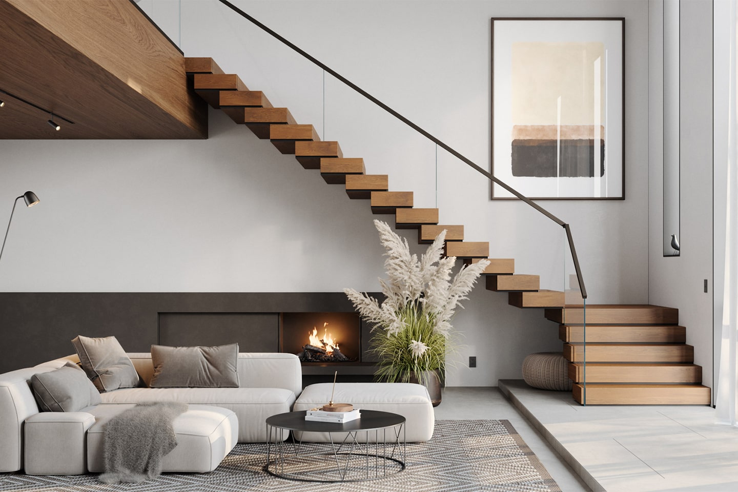 Floating stairs in a warm, bright, modern space.