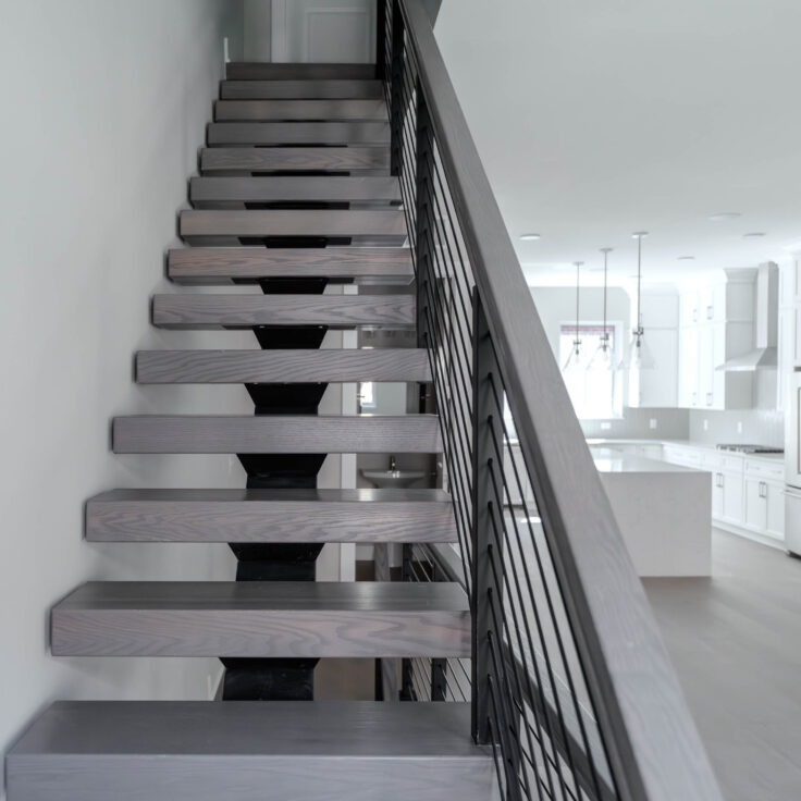 Grey FLIGHT Mono System with Wooden Handrail and Rod Railing